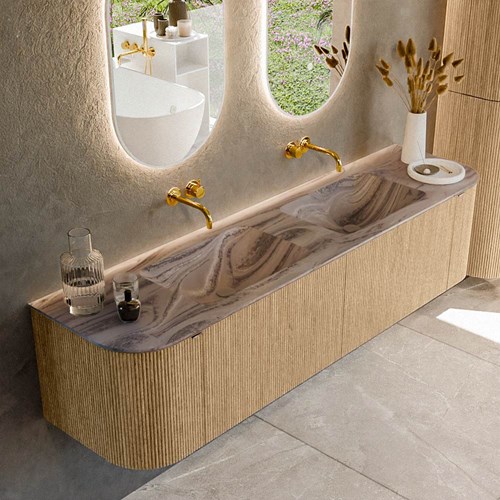 KURVE-DLUX 180cm mueble de baño curva Izquierda + Derecha color Oak con 2 cajones y 2 puertas. Lavabo LEAF Doble sin orificio Sombra.