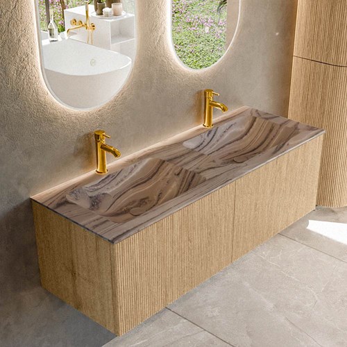 KURVE-DLUX 130cm mueble de baño color Oak con 2 cajones y sin puerta. Lavabo LEAF Doble 2 orificios Sombra.