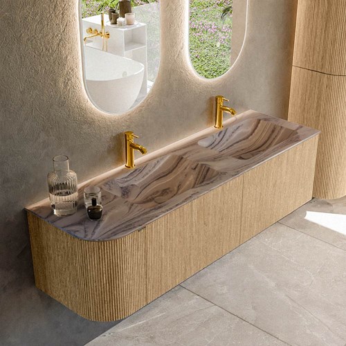 KURVE-DLUX 155cm mueble de baño curva Izquierda color Oak con 2 cajones y 1 puerta. Lavabo LEAF Doble / Derecho 2 orificios Sombra.