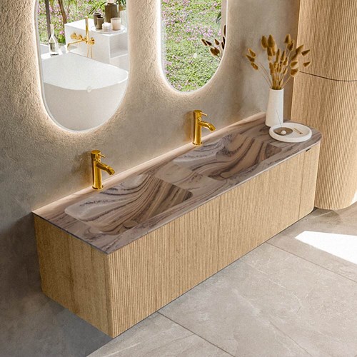 KURVE-DLUX 155cm mueble de baño curva Derecha color Oak con 2 cajones y 1 puerta. Lavabo LEAF Doble / Izquierda 2 orificios Sombra.