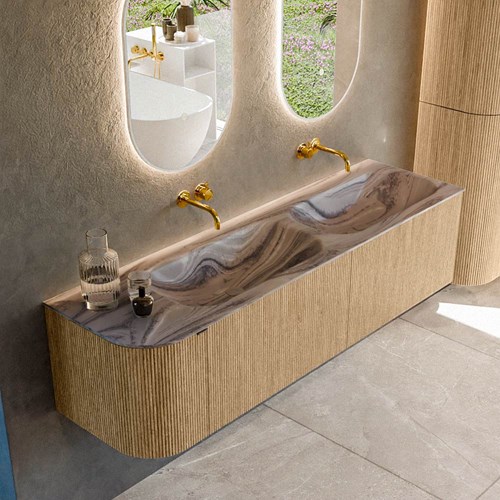KURVE-DLUX 165cm mueble de baño curva Izquierda color Oak con 2 cajones y 1 puerta. Lavabo STOR SMALL Doble / Derecho sin orificio Sombra.