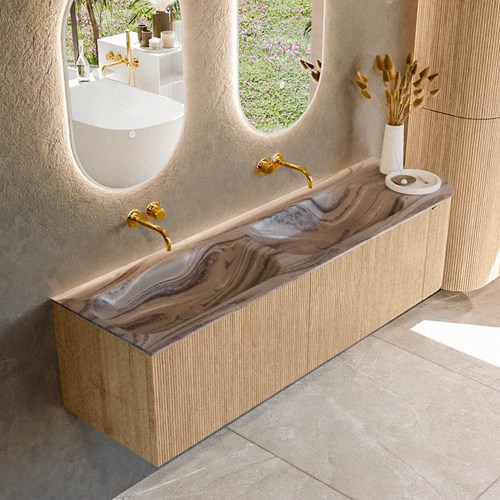 KURVE-DLUX 165cm mueble de baño curva Derecha color Oak con 2 cajones y 1 puerta. Lavabo STOR SMALL Doble / Izquierda sin orificio Sombra.