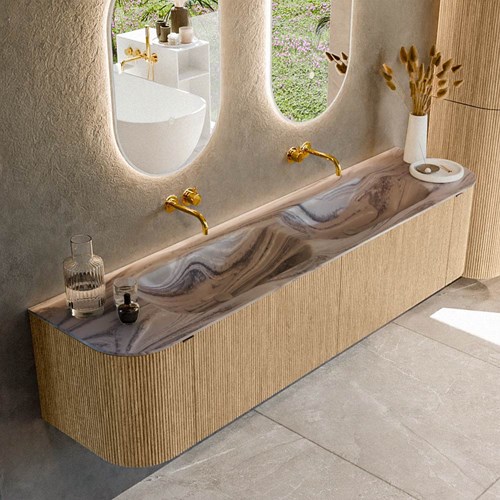 KURVE-DLUX 190cm mueble de baño curva Izquierda + Derecha color Oak con 2 cajones y 2 puertas. Lavabo STOR SMALL Doble sin orificio Sombra.