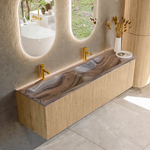 KURVE-DLUX 165cm mueble de baño curva Derecha color Oak con 2 cajones y 1 puerta. Lavabo STOR SMALL Doble / Izquierda 2 orificios Sombra.