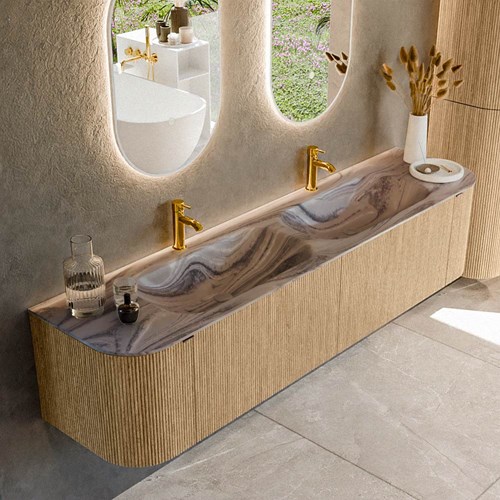 KURVE-DLUX 190cm mueble de baño curva Izquierda + Derecha color Oak con 2 cajones y 2 puertas. Lavabo STOR SMALL Doble 2 orificios Sombra.