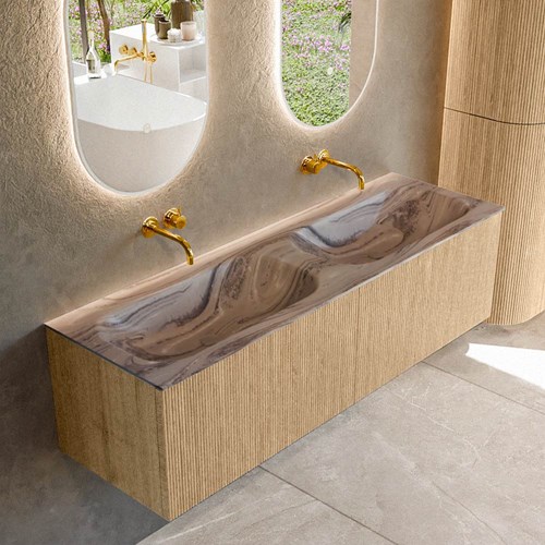 KURVE-DLUX 150cm mueble de baño color Oak con 2 cajones y sin puerta. Lavabo STOR SMALL Doble sin orificio Sombra.