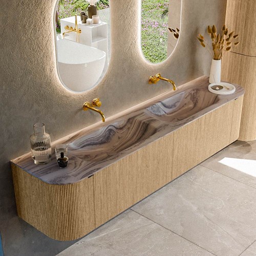 KURVE-DLUX 200cm mueble de baño curva Izquierda + Derecha color Oak con 2 cajones y 2 puertas. Lavabo STOR SMALL Doble sin orificio Sombra.