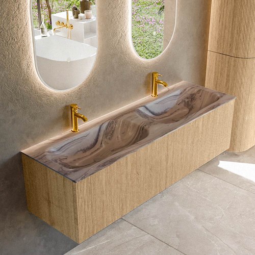KURVE-DLUX 150cm mueble de baño color Oak con 2 cajones y sin puerta. Lavabo STOR SMALL Doble 2 orificios Sombra.