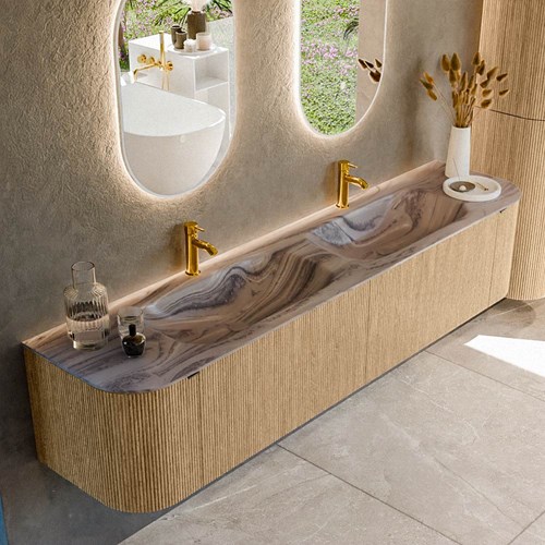 KURVE-DLUX 200cm mueble de baño curva Izquierda + Derecha color Oak con 2 cajones y 2 puertas. Lavabo STOR SMALL Doble 2 orificios Sombra.