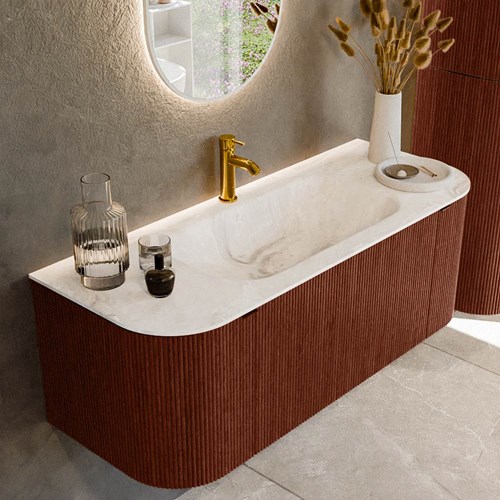 KURVE-DLUX 120cm meubles de salle de bains courbe Gauche + Droite couleur Ruby avec 1 tiroir et 2 portes. Lavabo BIG SMALL Centrée 1 trou pour robinetter, couleur Frappe.