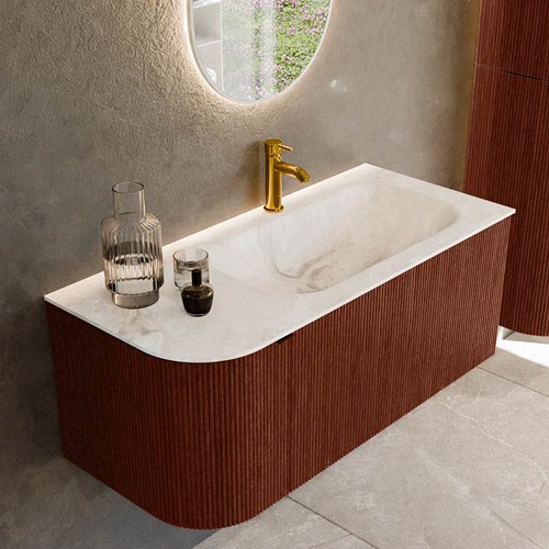 KURVE-DLUX 105cm bathroom vanity set curve Left color Ruby with 1 drawer and 1 door. Vanity top BIG SMALL Right 1 tab hole, color Frappe.