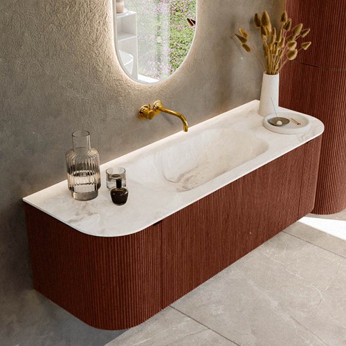 KURVE-DLUX 140cm mueble de baño curva Izquierda + Derecha color Ruby con 1 cajón y 2 puertas. Lavabo BIG SMALL Centro sin orificio Frappe.