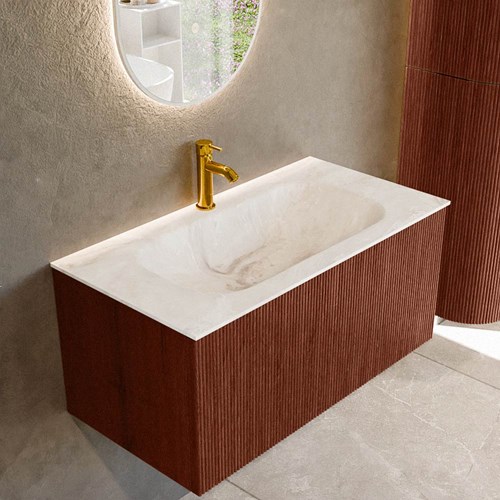 KURVE-DLUX 90cm mobili da bagno colore Ruby con 1 cassetto e 0 porte. Lavabo BIG SMALL Centro 1 foro per rubinetto, colore Frappe.