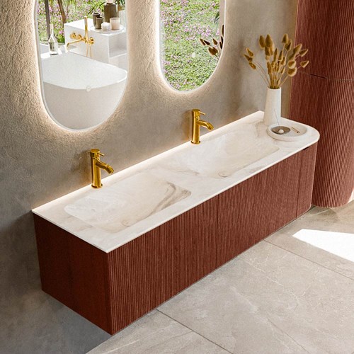 KURVE-DLUX 155cm badmeubel ronding Rechts kleur Ruby met 2 lades en 1 deur. Wastafel LEAF Dubbel / Links 2 kraangaten Frappe.