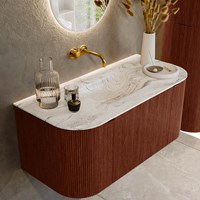 KURVE-DLUX 100cm badmeubel ronding Links + Rechts kleur Ruby met 1 lade en 2 deuren. Wastafel GRUNNE Midden zonder kraangat Glace.