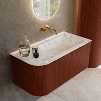 KURVE-DLUX 95cm meubles de salle de bains courbe Gauche couleur Ruby avec 1 tiroir et 1 porte. Lavabo BIG SMALL Droite sans trou pour robinet, couleur Glace.