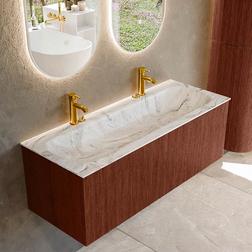 KURVE-DLUX 120cm meubles de salle de bains couleur Ruby avec 1 tiroir et 0 portes. Lavabo BIG LARGE Centrée 2 trous robinetterie, couleur Glace.