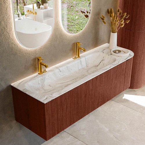 KURVE-DLUX 145cm meubles de salle de bains courbe Droite couleur Ruby avec 1 tiroir et 1 porte. Lavabo BIG LARGE Gauche 2 trous robinetterie, couleur Glace.