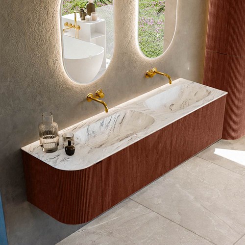 KURVE-DLUX 165cm meubles de salle de bains courbe Gauche couleur Ruby avec 2 tiroirs et 1 porte. Lavabo STOR SMALL Double / Droite sans trou pour robinet, couleur Glace.