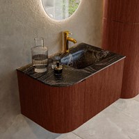 KURVE-DLUX 75cm meubles de salle de bains courbe Gauche couleur Ruby avec 1 tiroir et 1 porte. Lavabo GRUNNE Droite 1 trou pour robinetter, couleur Lava.