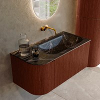 KURVE-DLUX 95cm mobili da bagno curva Sinistra colore Ruby con 1 cassetto e 1 porta. Lavabo BIG SMALL Destra senza foro per il rubinetto, colore Lava.
