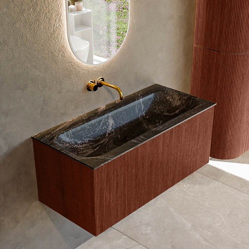 KURVE-DLUX 100cm bathroom vanity set color Ruby with 1 drawer and 0 doors. Vanity top BIG MEDIUM Center without tab hole, color Lava.