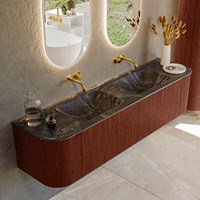 KURVE-DLUX 180cm bathroom vanity set curve Left + Right color Ruby with 2 drawers and 2 doors. Vanity top LEAF Double without tab hole, color Lava.