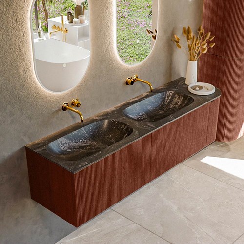 KURVE-DLUX 165cm mueble de baño curva Derecha color Ruby con 2 cajones y 1 puerta. Lavabo STOR SMALL Doble / Izquierda sin orificio Lava.