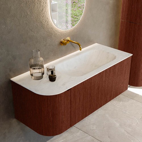 KURVE-DLUX 115cm mobili da bagno curva Sinistra colore Ruby con 1 cassetto e 1 porta. Lavabo BIG SMALL Destra senza foro per il rubinetto, colore Opalo.