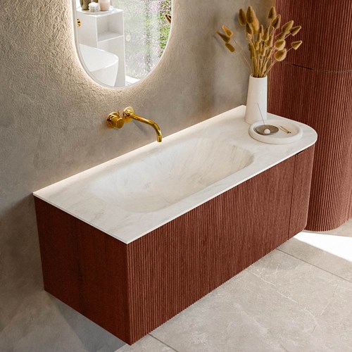 KURVE-DLUX 115cm mobili da bagno curva Destra colore Ruby con 1 cassetto e 1 porta. Lavabo BIG SMALL Sinistra senza foro per il rubinetto, colore Opalo.