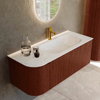KURVE-DLUX 115cm badmöbel kurve Links farbe Ruby mit 1 schublade und 1 tür. Einbauwaschbecken BIG SMALL Rechts 1 hahnloch Opalo.