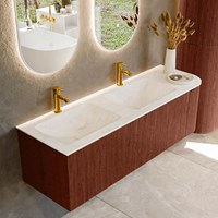 KURVE-DLUX 145cm meubles de salle de bains courbe Droite couleur Ruby avec 1 tiroir et 1 porte. Lavabo LEAF Double / Gauche 2 trous robinetterie, couleur Opalo.