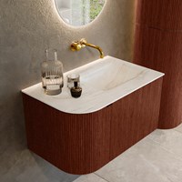 KURVE-DLUX 75cm meubles de salle de bains courbe Gauche couleur Ruby avec 1 tiroir et 1 porte. Lavabo GRUNNE Droite sans trou pour robinet, couleur Ostra.