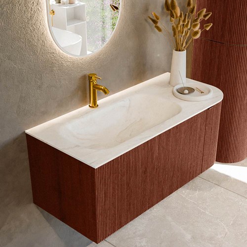 KURVE-DLUX 105cm meubles de salle de bains courbe Droite couleur Ruby avec 1 tiroir et 1 porte. Lavabo BIG SMALL Gauche 1 trou pour robinetter, couleur Ostra.
