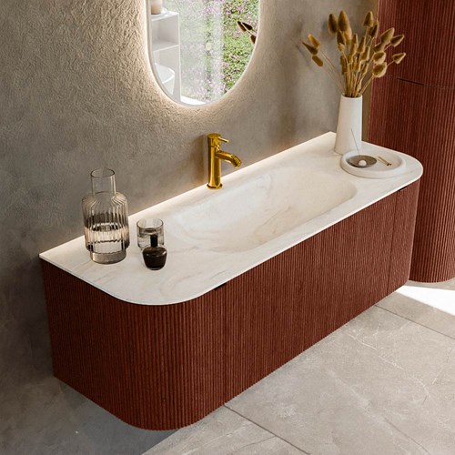 KURVE-DLUX 130cm badmöbel kurve Links + Rechts farbe Ruby mit 1 schublade und 2 türen. Einbauwaschbecken BIG SMALL Mittig 1 hahnloch Ostra.