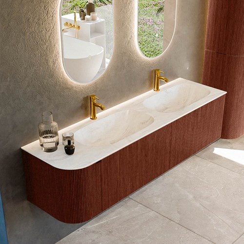 KURVE-DLUX 165cm bathroom vanity set curve Left color Ruby with 2 drawers and 1 door. Vanity top STOR SMALL Double / Right 2 tab holes, color Ostra.