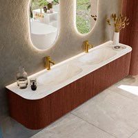 KURVE-DLUX 200cm meubles de salle de bains courbe Gauche + Droite couleur Ruby avec 2 tiroirs et 2 portes. Lavabo STOR SMALL Double 2 trous robinetterie, couleur Ostra.