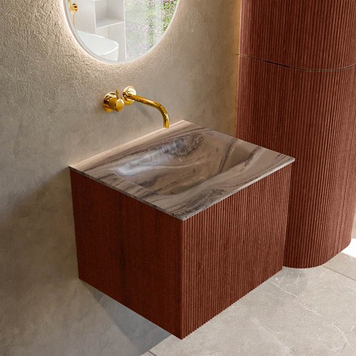 KURVE-DLUX 50cm mueble de baño color Ruby con 1 cajón y sin puerta. Lavabo GRUNNE Centro sin orificio Sombra.