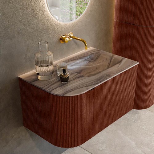 KURVE-DLUX 75cm mueble de baño curva Izquierda color Ruby con 1 cajón y 1 puerta. Lavabo GRUNNE Derecho sin orificio Sombra.