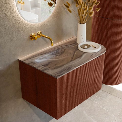 KURVE-DLUX 75cm mueble de baño curva Derecha color Ruby con 1 cajón y 1 puerta. Lavabo GRUNNE Izquierda sin orificio Sombra.
