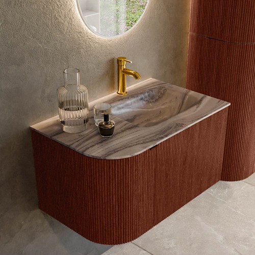 KURVE-DLUX 75cm mueble de baño curva Izquierda color Ruby con 1 cajón y 1 puerta. Lavabo GRUNNE Derecho 1 orificio Sombra.