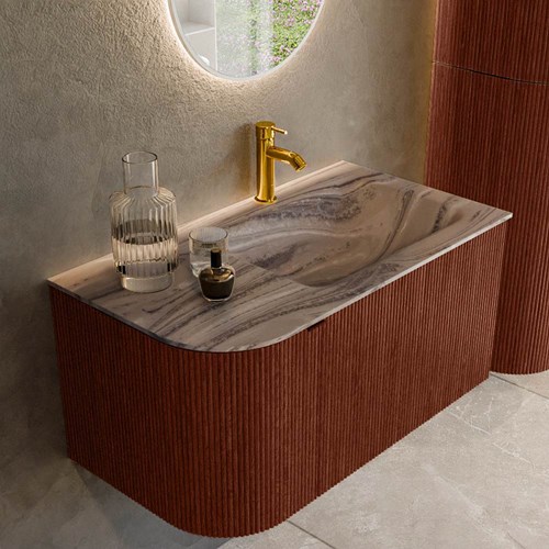 KURVE-DLUX 85cm mueble de baño curva Izquierda color Ruby con 1 cajón y 1 puerta. Lavabo CLOUD Derecho 1 orificio Sombra.