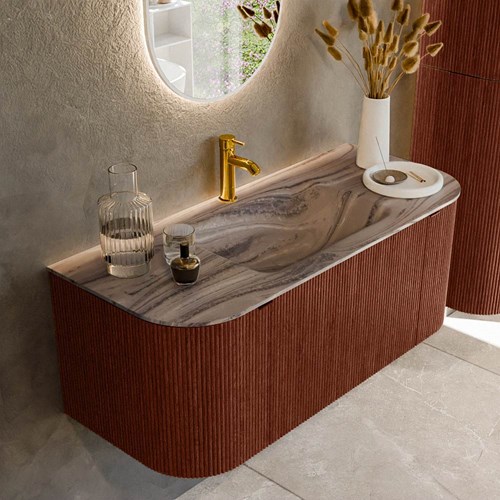 KURVE-DLUX 110cm mueble de baño curva Izquierda + Derecha color Ruby con 1 cajón y 2 puertas. Lavabo CLOUD Centro 1 orificio Sombra.