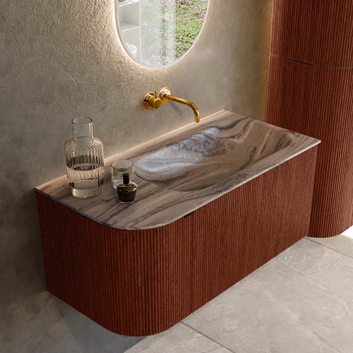 KURVE-DLUX 95cm mueble de baño curva Izquierda color Ruby con 1 cajón y 1 puerta. Lavabo BIG SMALL Derecho sin orificio Sombra.