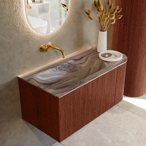 KURVE-DLUX 95cm mueble de baño curva Derecha color Ruby con 1 cajón y 1 puerta. Lavabo BIG SMALL Izquierda sin orificio Sombra.