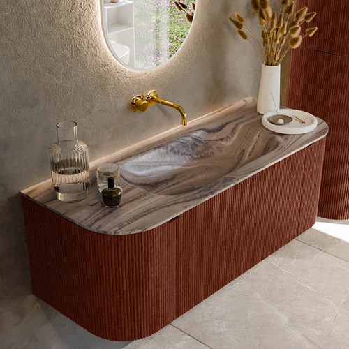 KURVE-DLUX 120cm mueble de baño curva Izquierda + Derecha color Ruby con 1 cajón y 2 puertas. Lavabo BIG SMALL Centro sin orificio Sombra.