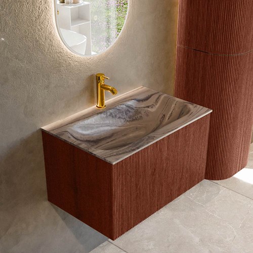 KURVE-DLUX 70cm mueble de baño color Ruby con 1 cajón y sin puerta. Lavabo BIG SMALL Centro 1 orificio Sombra.