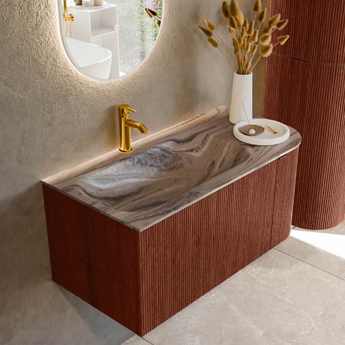 KURVE-DLUX 95cm mueble de baño curva Derecha color Ruby con 1 cajón y 1 puerta. Lavabo BIG SMALL Izquierda 1 orificio Sombra.