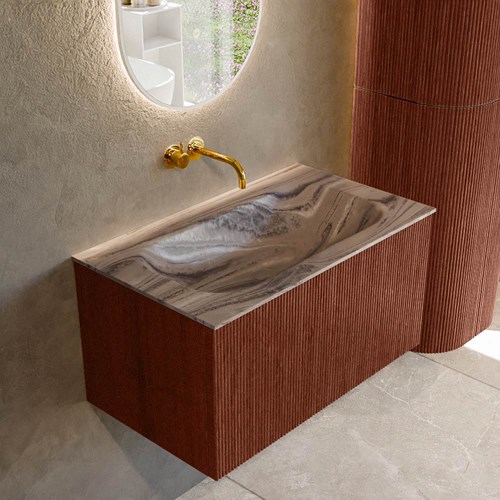 KURVE-DLUX 80cm mueble de baño color Ruby con 1 cajón y sin puerta. Lavabo BIG SMALL Centro sin orificio Sombra.