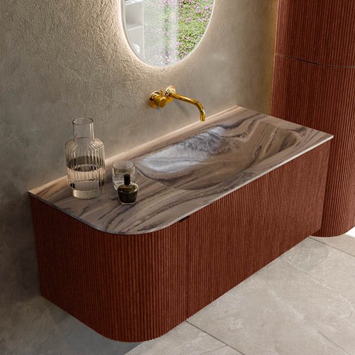 KURVE-DLUX 105cm mueble de baño curva Izquierda color Ruby con 1 cajón y 1 puerta. Lavabo BIG SMALL Derecho sin orificio Sombra.